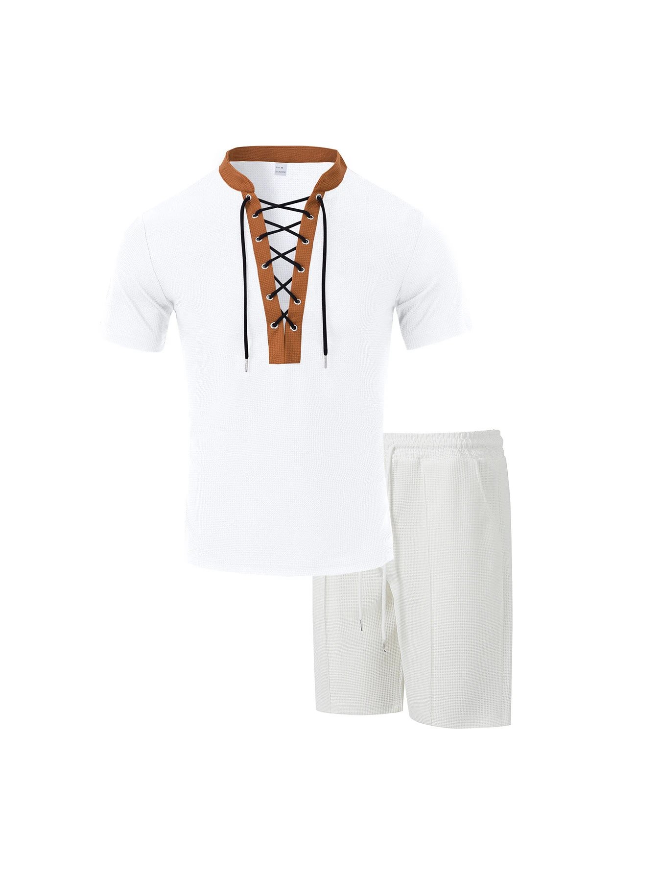 Design Lace-Up V-Neck Short Set Gray - 11