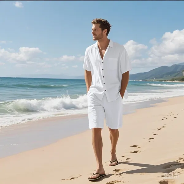 Design Linen Shirt and Shorts Set White Beachwear - 1
