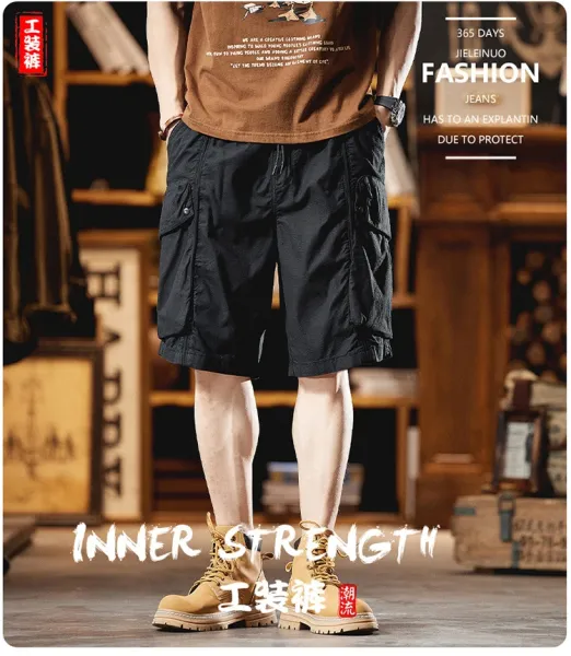 Design Cargo Shorts Black + Brown T-Shirt + Tan Boots - 2