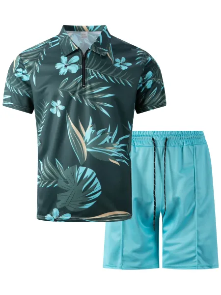 Design Tropical Print Half-Zip Polo Shirt in Dark Green with Aqua Floral Pattern Tops Polo - 11
