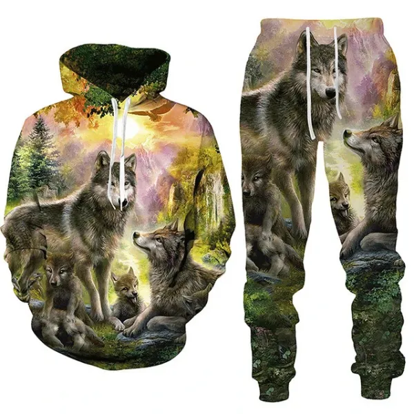 Design Wolf Pack Print Hoodie and Sweatpants Set Multicolor - 1