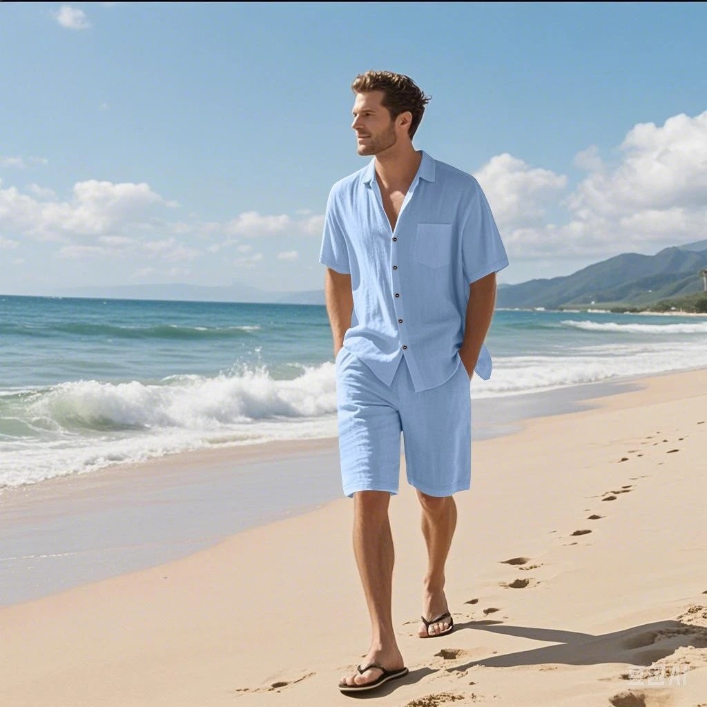 Design Linen-Blend Shirt and Shorts Set Olive Green Casual Set - 14