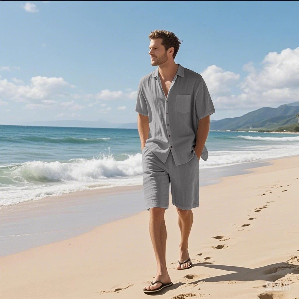 Design Linen-Blend Shirt and Shorts Set Olive Green Casual Set - 17
