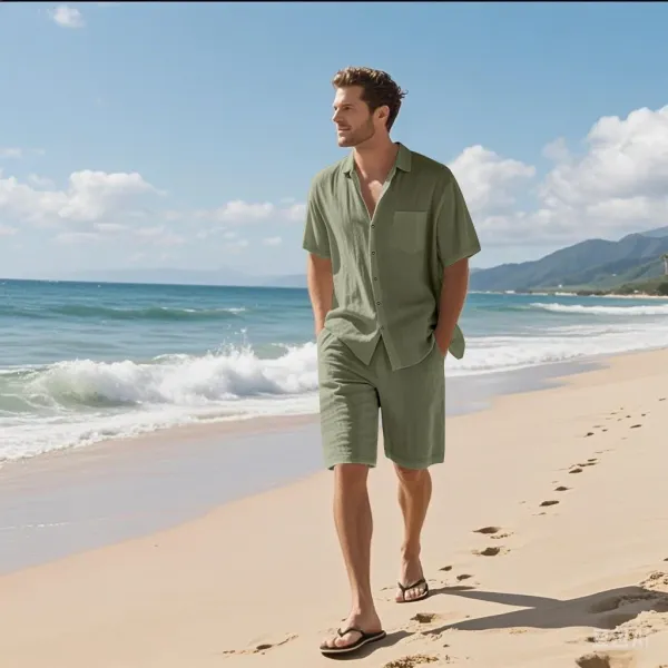 Design Linen-Blend Shirt and Shorts Set Olive Green Casual Set - 20