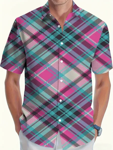 Design Plaid Print Short-Sleeve Button-Up Shirt Multicolor - 1
