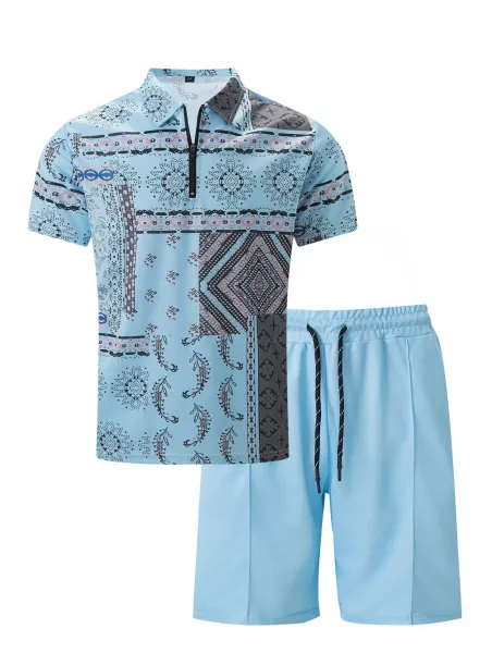 Design Patchwork Print Half-Zip Polo Blue Multicolor Shorts Set Tops Polo - 8