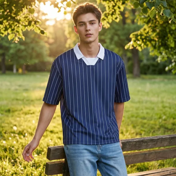 Design Pinstripe Polo Shirt Navy White Tops.polo - 7