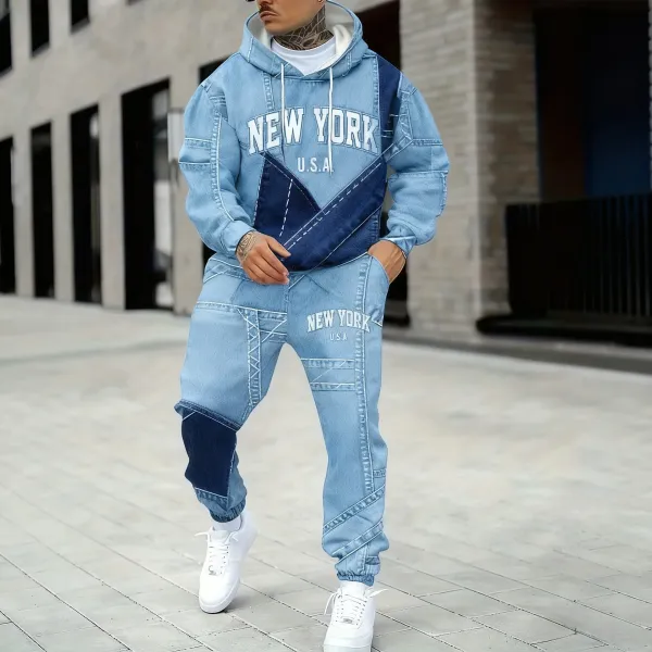 Denim Tears New York U.S.A. Patchwork Denim Hoodie and Jogger Set - 1