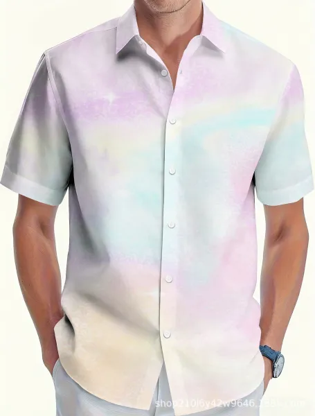 Design Short-Sleeve Button-Up Shirt Multicolor Pastel Gradient - 1
