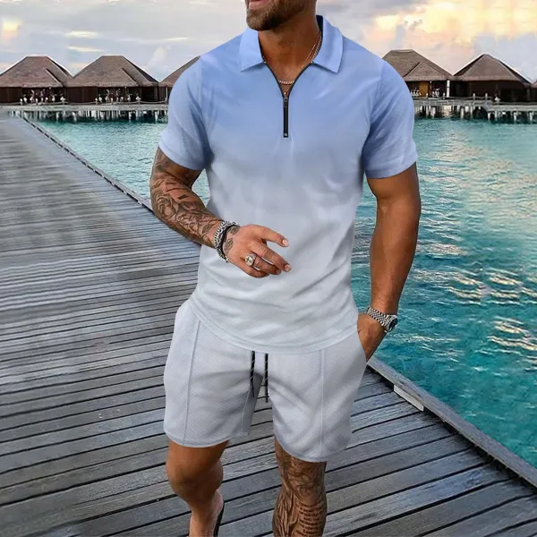Design Zip-Front Polo Shirt and Matching Shorts Set Light Blue - 1