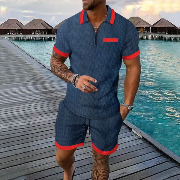 Design Geometric Pattern Zip-Up Polo Set Navy with Red Trim Shorts - 1