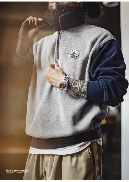 Design Fleece Half-Zip Pullover Gray and Navy Sweater - 19