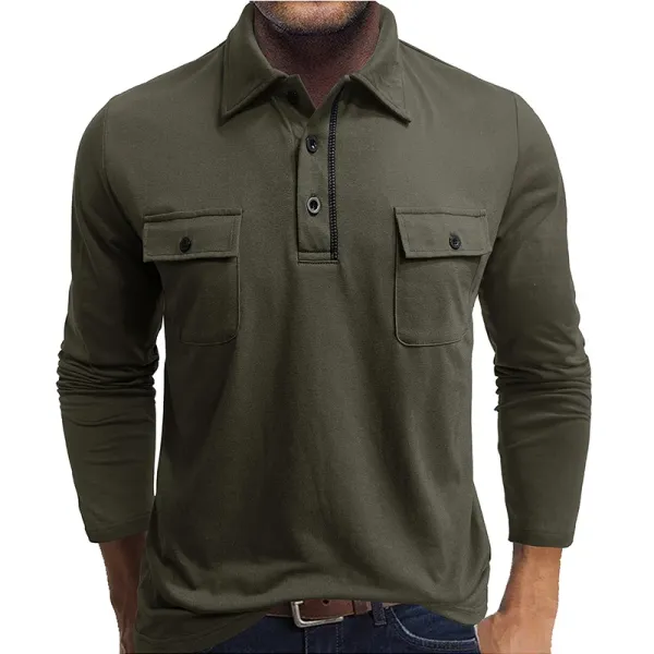 Design Utility Polo Shirt Army Green Long Sleeve Tops Polo - 1