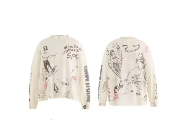 Design Hand-Drawn Tattoo Print Oversized Long-Sleeve Top Beige - 1