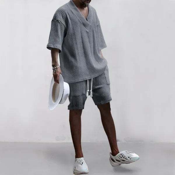 Design Knit V-Neck Oversized Set Gray - 46