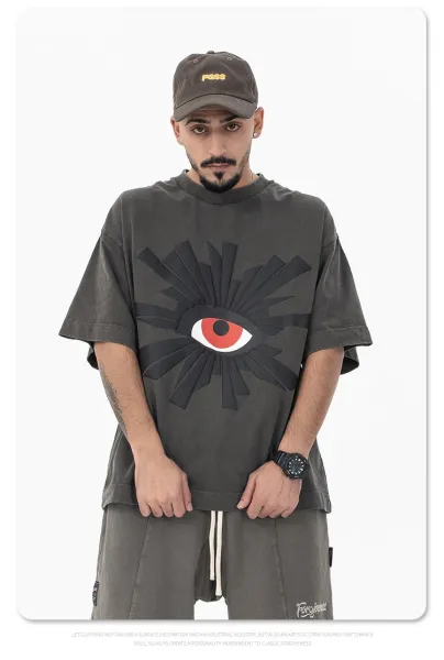 Design Eye Motif Oversized T-Shirt Charcoal Gray T-Shirt - 17