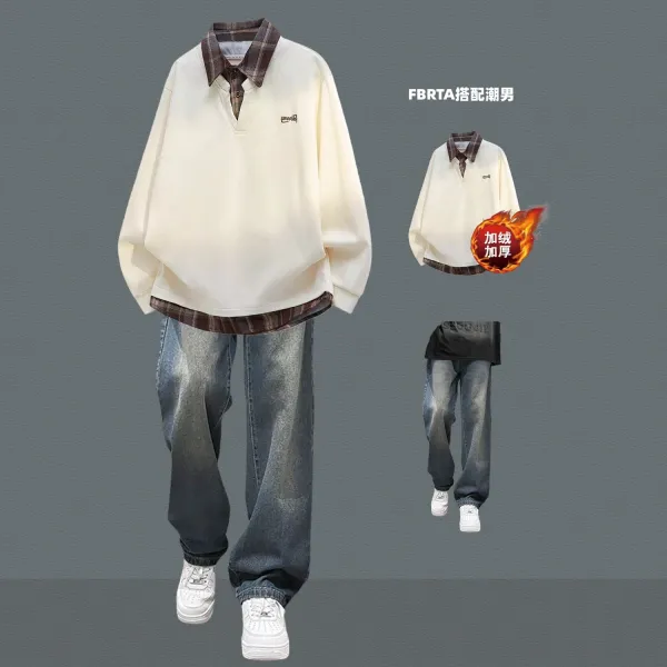 Design FBRTA Layered Collar Pullover Beige Oversized Top with Plaid Shirt Detail Tops - 1
