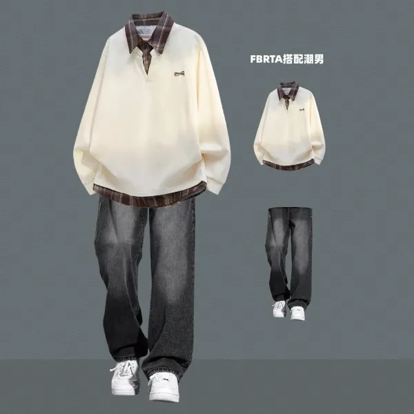 Design Layered Collar Polo Shirt Beige Plaid Trim Top - 1