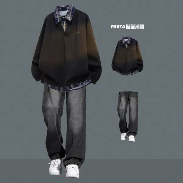 Design FBRTA Gradient Layered Polo Shirt and Wide-Leg Jeans Set Casual Set - 1