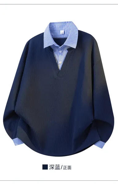 Design Layered Collar Ribbed Polo Beige with Blue Stripe Polo Shirt - 13