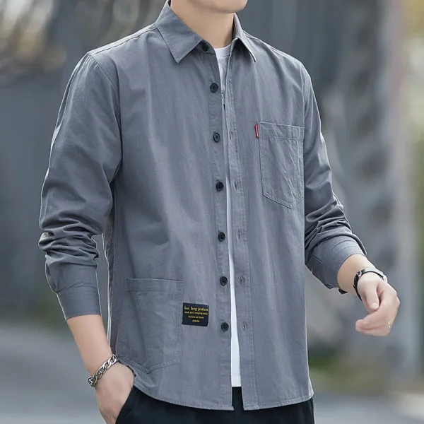 Design Long-Sleeve Button-Up Shirt Gray Tops Shirt - 1