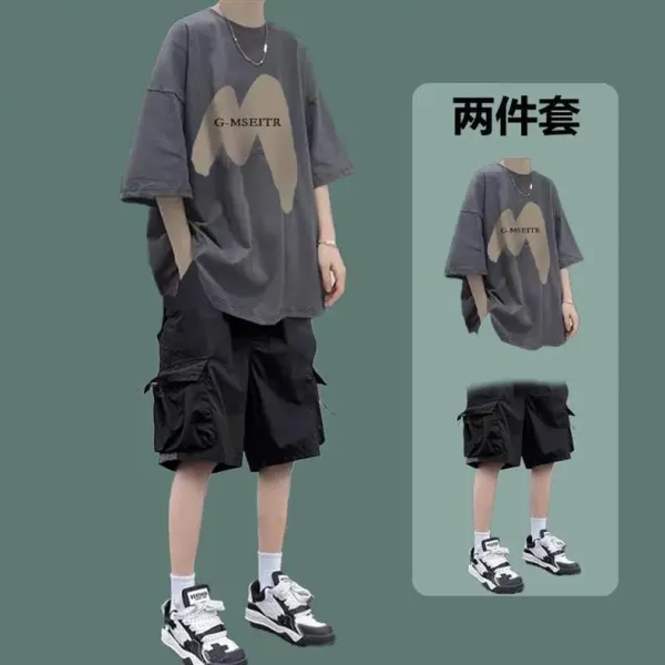 Design G-MSEITR Graphic Print Oversized T-Shirt and Cargo Shorts Set Black Olive Multicolor Sets - 3