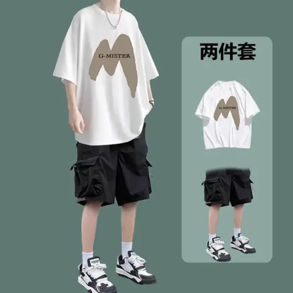 Design G-MSEITR Graphic Print Oversized T-Shirt and Cargo Shorts Set Black Olive Multicolor Sets - 5