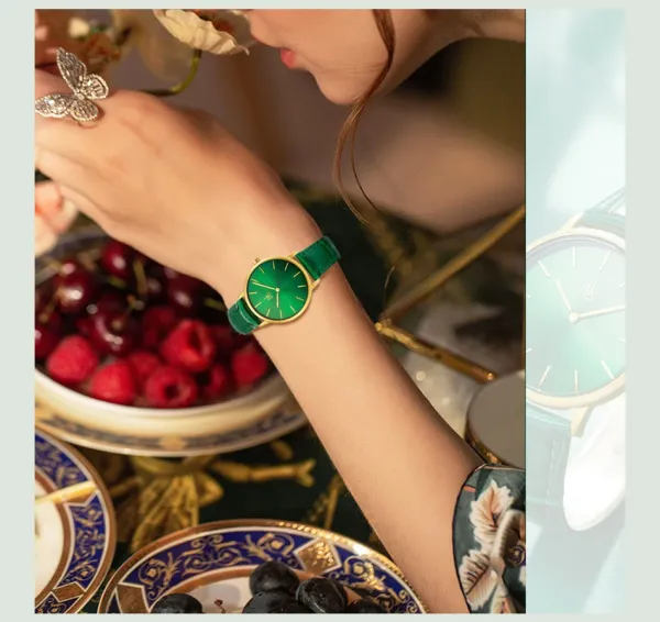 Design Shengke Minimalist Green Dial Gold Case Leather Strap Watch Watches - 5