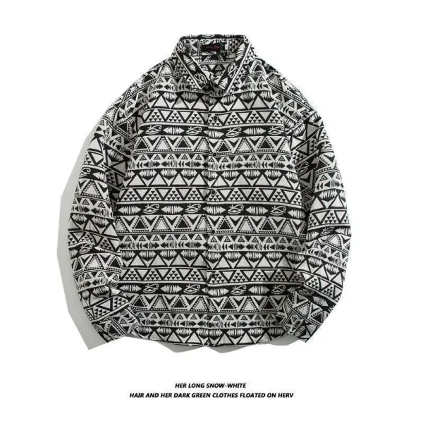 Design Tribal Print Long-Sleeve Button-Up Shirt Black and White Tops Shirt - 1