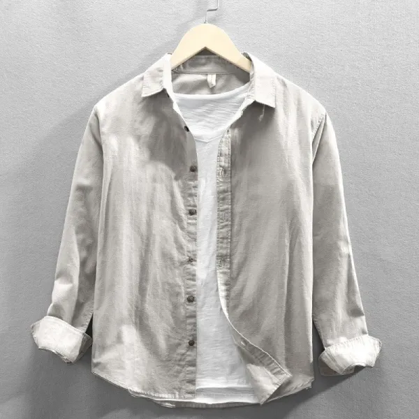 Design Linen-Blend Shirt Gray Long Sleeve Button-Up Tops.shirt - 1