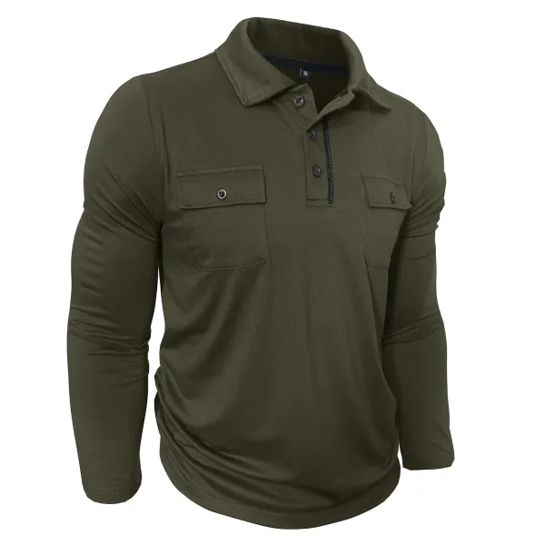 Design Utility Polo Shirt Army Green Long Sleeve Tops Polo - 16
