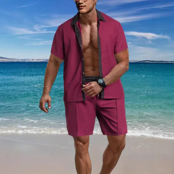 Design Waffle-Textured Two-Tone Resort Set Burgundy Shorts - 19