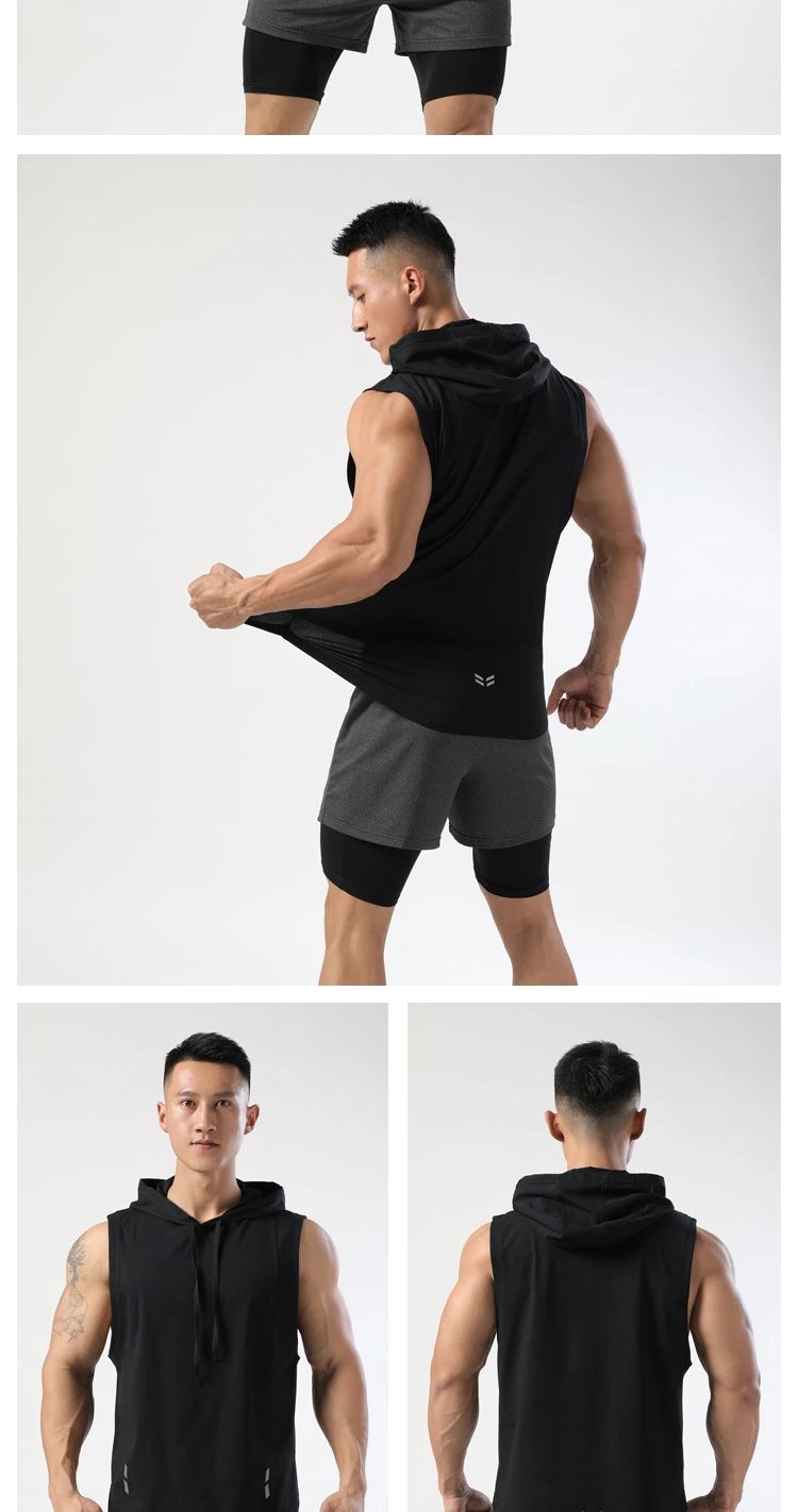 Design Sleeveless Hooded Vest Black with Gray Shorts Vest Top - 9
