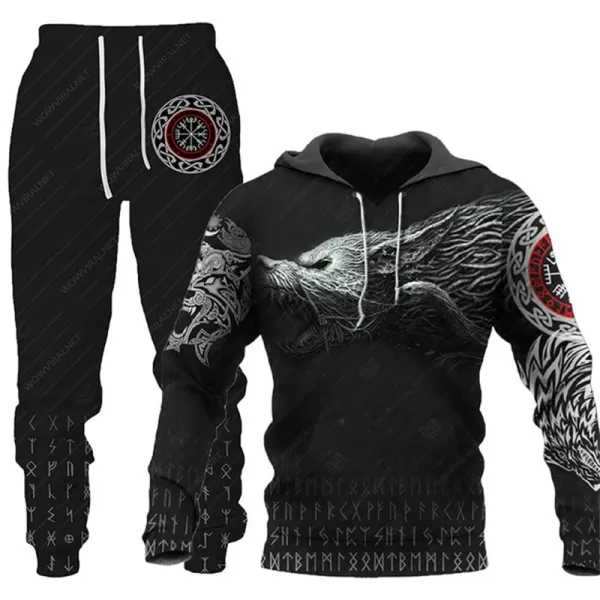 Design Viking Wolf Hoodie and Sweatpants Set Black - 1