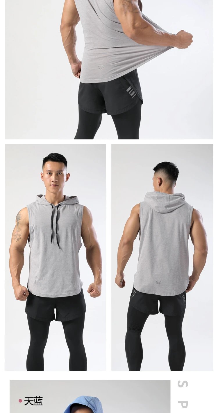 Design Sleeveless Hooded Vest Black with Gray Shorts Vest Top - 14