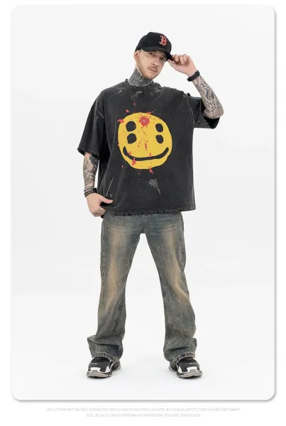 Design LOG Smiley Face Distressed Black T-Shirt T-Shirts - 14