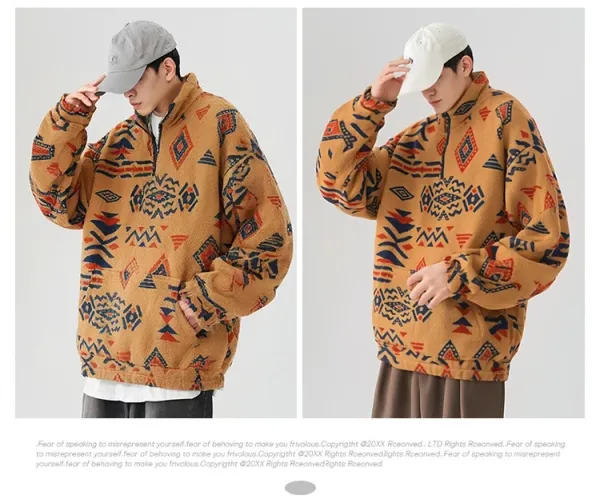 Design Fleece Half-Zip Pullover Beige Tribal Print Sweater - 18