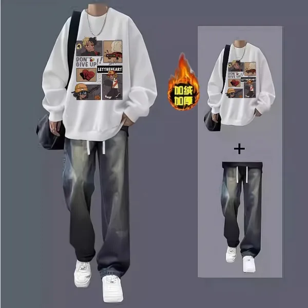 Design Graphic Print Oversized Hoodie + Gradient Washed Sweatpants Set White Multicolor - 1