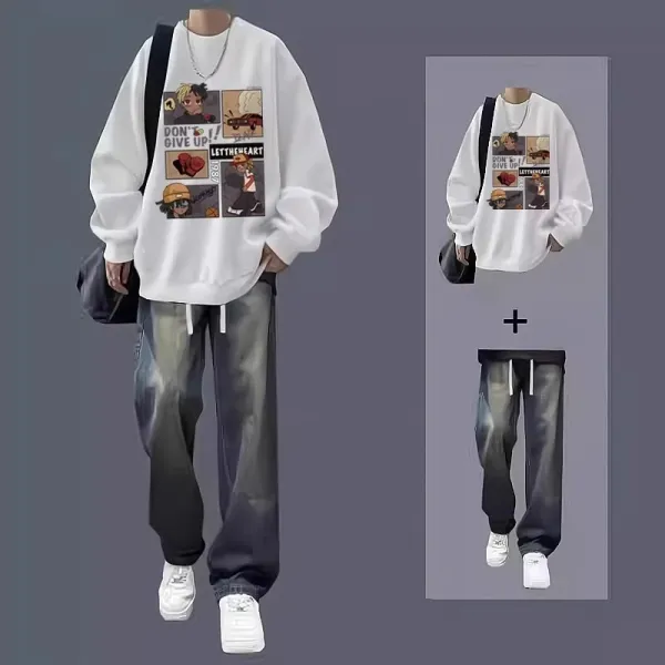 Design Graphic Print Oversized Hoodie and Washed Gradient Pants Set - 5