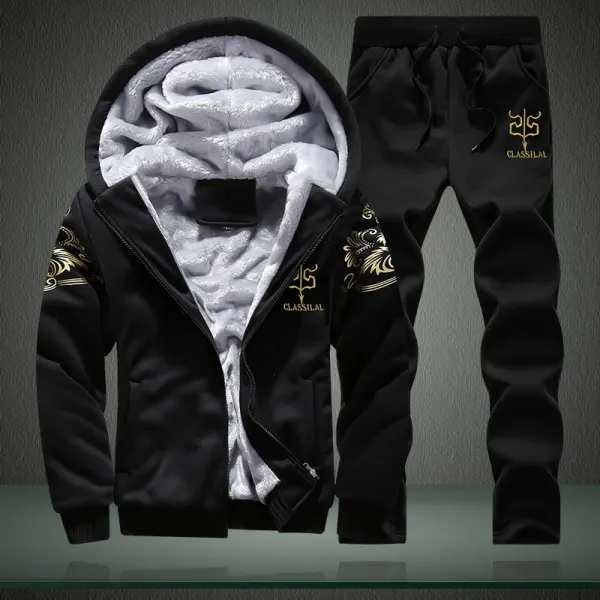 Design Classilal Embroidered Hooded Jacket and Sweatpants Set Black Sets - 1
