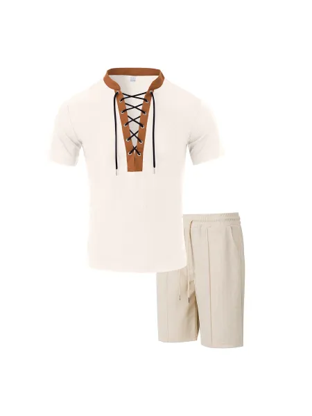 Design Lace-Up V-Neck Short Set Gray - 20