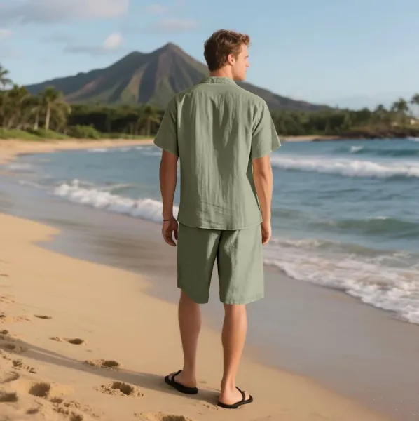 Design Linen-Blend Shirt and Shorts Set Olive Green Casual Set - 22