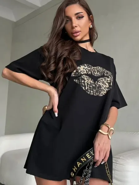 Design Leopard Print Lips Graphic Oversized T-Shirt Gray T-Shirts - 21
