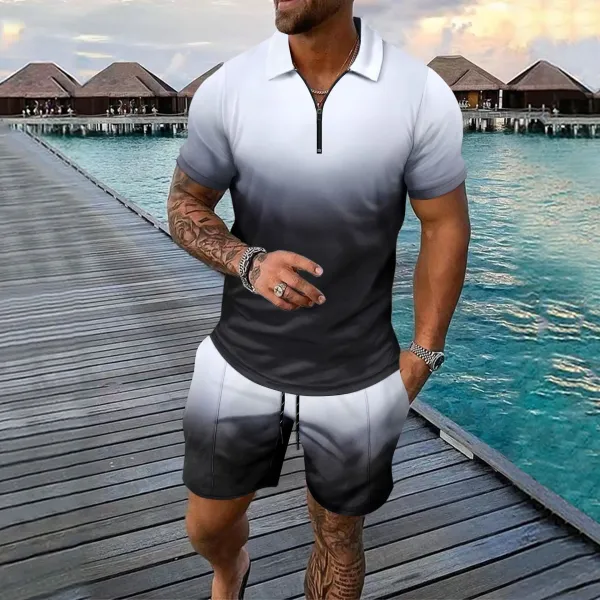 Design Gradient Zip-Up Polo and Shorts Set White to Black Casual Set - 1