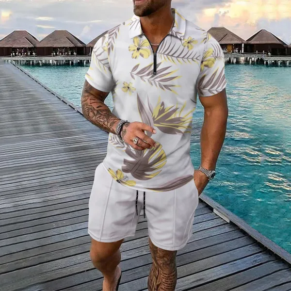Design Tropical Print Half-Zip Polo Shirt in Dark Green with Aqua Floral Pattern Tops Polo - 7