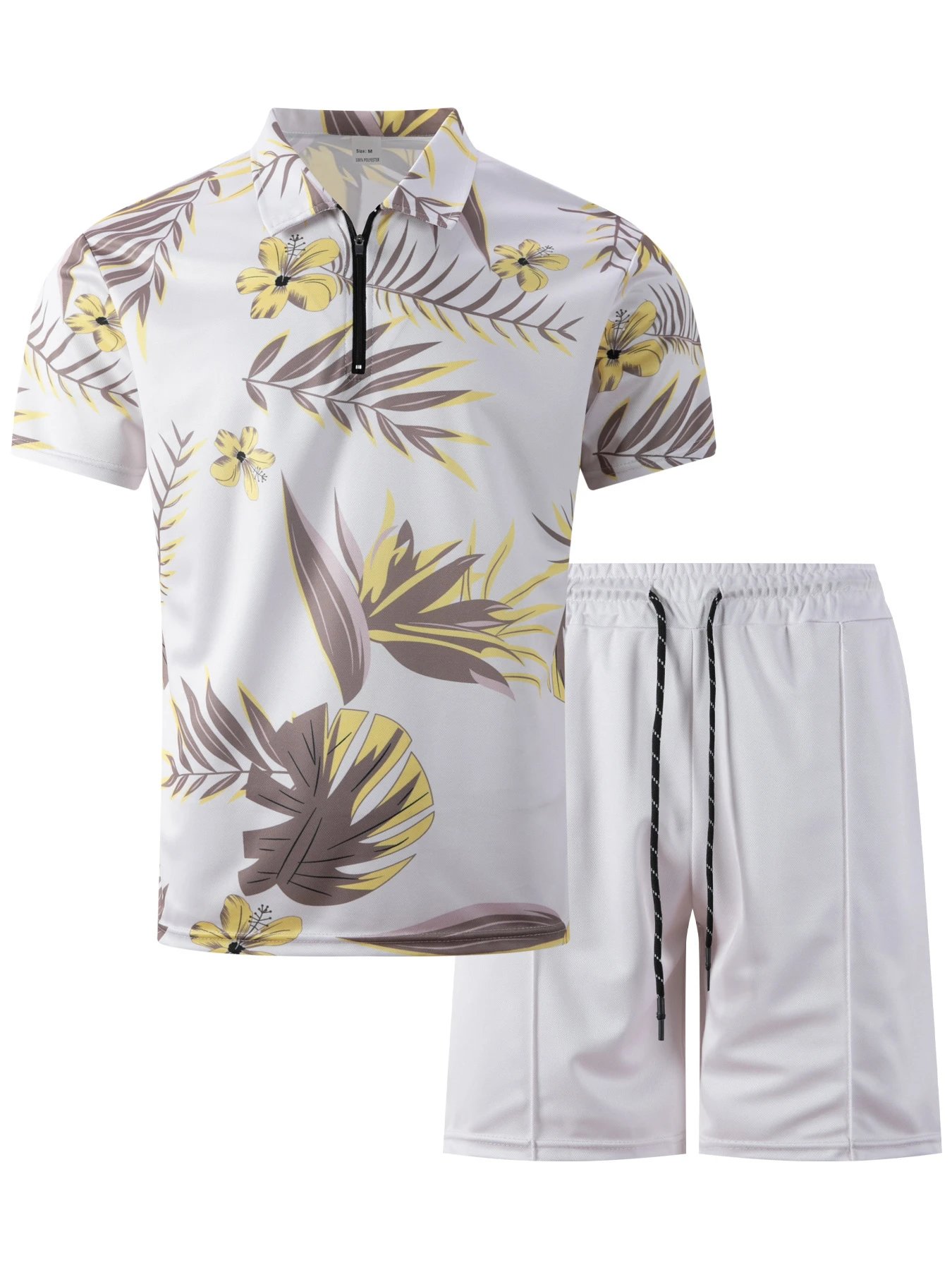 Design Tropical Print Half-Zip Polo Shirt in Dark Green with Aqua Floral Pattern Tops Polo - 8