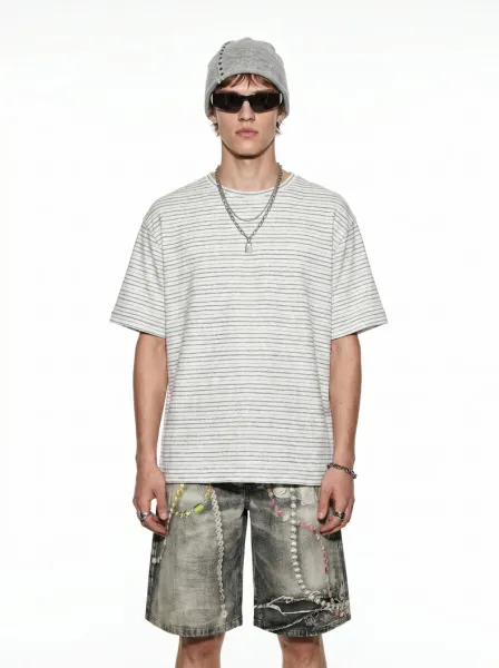 Design Striped Relaxed Fit T-Shirt White / Gray - 10