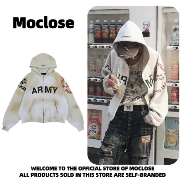 Design Moclose Army Distressed Zip-Up Hoodie Beige Hoodie - 8