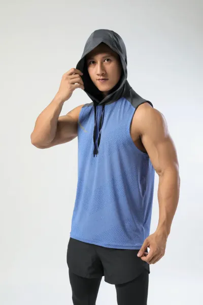 Design Hooded Sleeveless Performance Top Blue / Gray Vest Top - 1