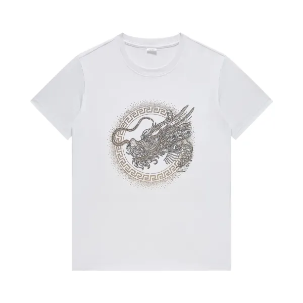 Design Dragon Embroidered Circle Motif White T-Shirt - 1